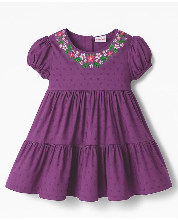 Babyhug Cotton Woven Half Puffed Sleeves Tiered Frock with Floral Embroidery - Purple