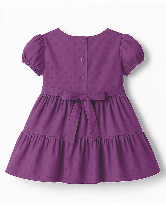 Babyhug Cotton Woven Half Puffed Sleeves Tiered Frock with Floral Embroidery - Purple