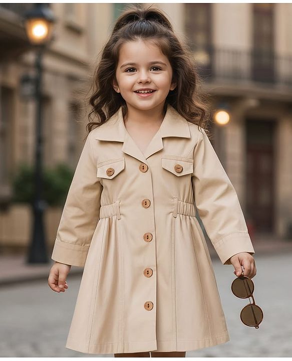 Babyhug Twill Woven Full Sleeves Solid Color Shirt Dress - Beige