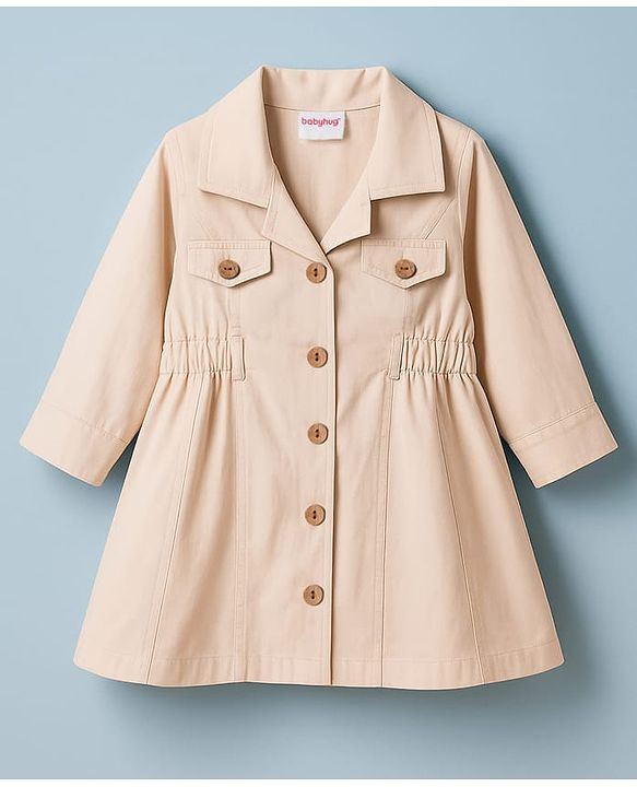 Babyhug Twill Woven Full Sleeves Solid Color Shirt Dress - Beige