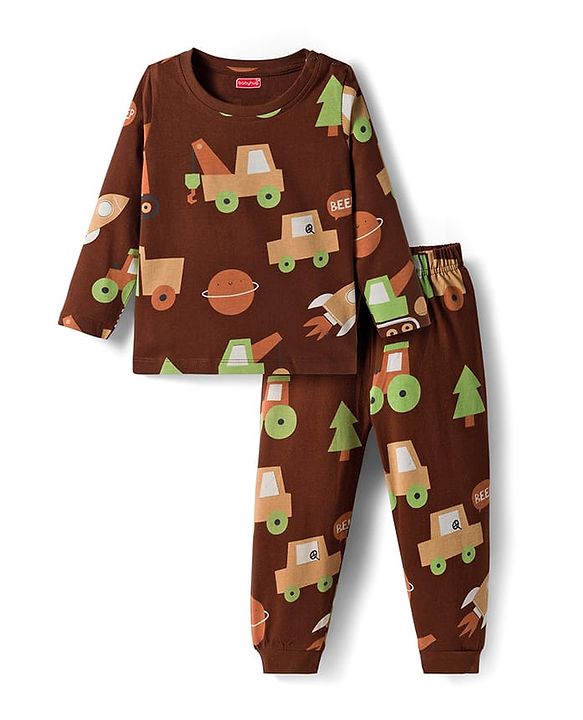 Babyhug Cotton Knit Full Sleeves Co-ords Night Suit With Vehicle Print - Brown