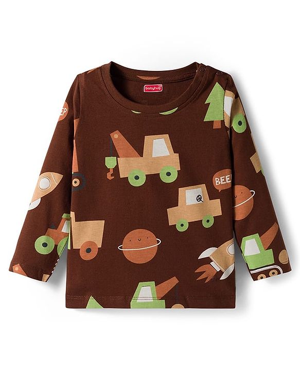 Babyhug Cotton Knit Full Sleeves Co-ords Night Suit With Vehicle Print - Brown
