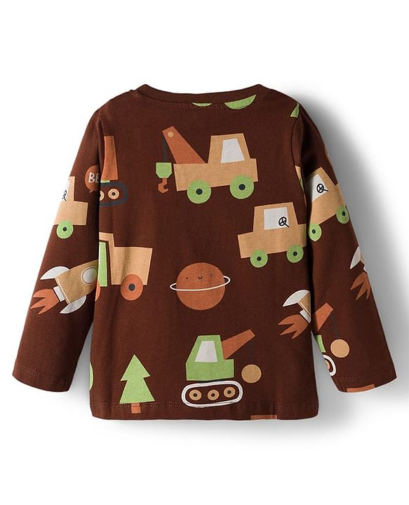 Babyhug Cotton Knit Full Sleeves Co-ords Night Suit With Vehicle Print - Brown