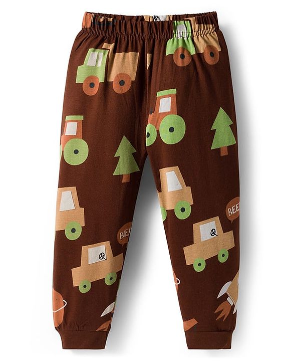 Babyhug Cotton Knit Full Sleeves Co-ords Night Suit With Vehicle Print - Brown