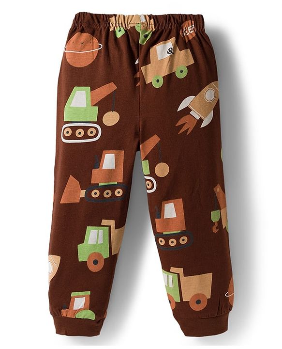 Babyhug Cotton Knit Full Sleeves Co-ords Night Suit With Vehicle Print - Brown