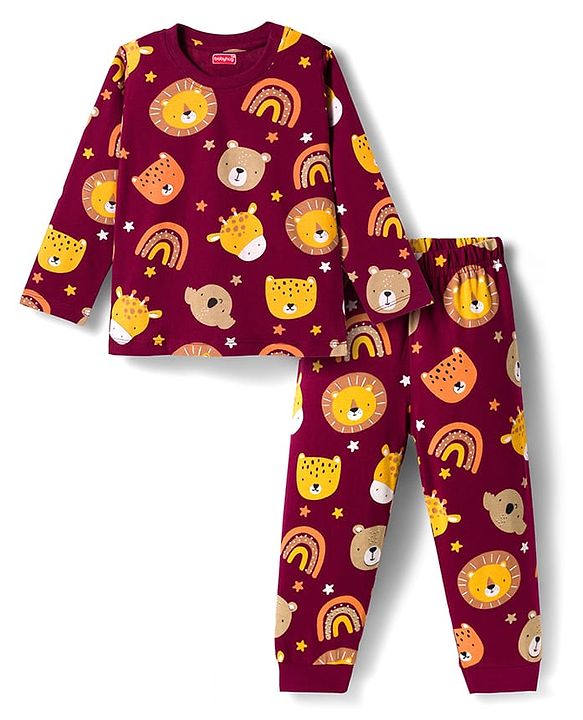 Babyhug Cotton Knit Full Sleeves Co-ords Night Suit With Animal Print - Maroon