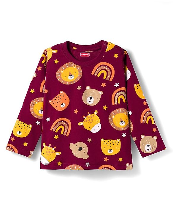 Babyhug Cotton Knit Full Sleeves Co-ords Night Suit With Animal Print - Maroon