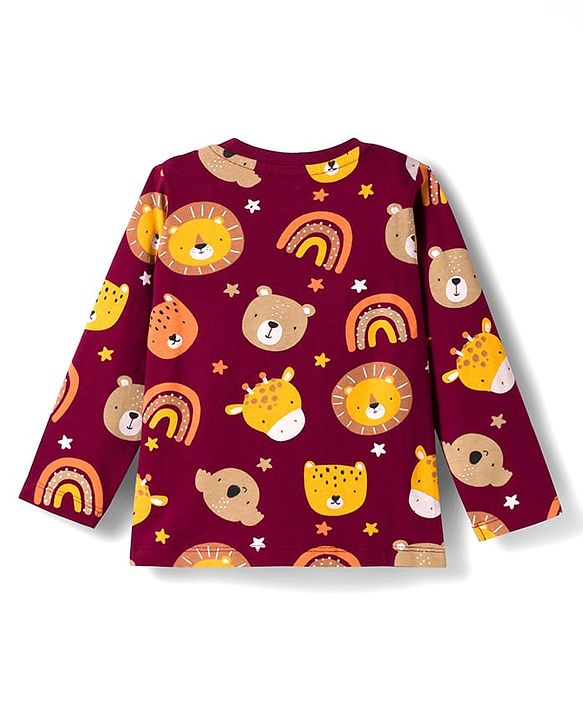 Babyhug Cotton Knit Full Sleeves Co-ords Night Suit With Animal Print - Maroon