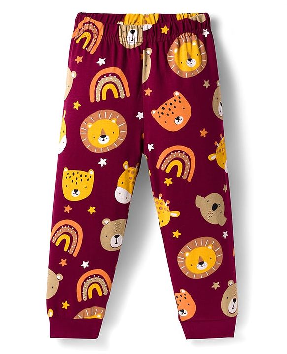 Babyhug Cotton Knit Full Sleeves Co-ords Night Suit With Animal Print - Maroon