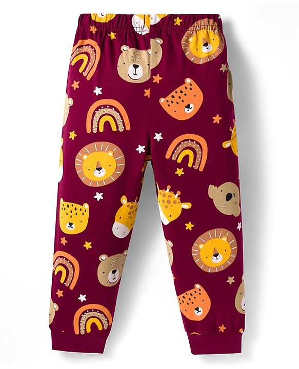 Babyhug Cotton Knit Full Sleeves Co-ords Night Suit With Animal Print - Maroon