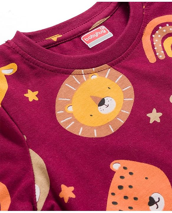 Babyhug Cotton Knit Full Sleeves Co-ords Night Suit With Animal Print - Maroon
