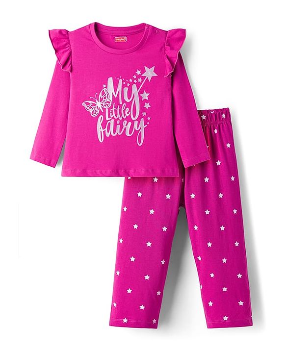 Babyhug Cotton Knit Full Sleeves Night Suit With Text Print - Pink
