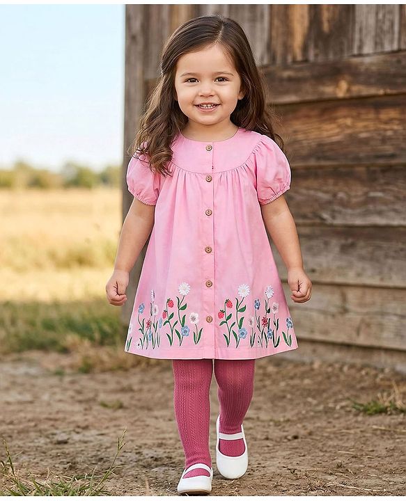 Babyhug Cotton Knit Half Sleeves Frock With Floral Print & Legging - Pink