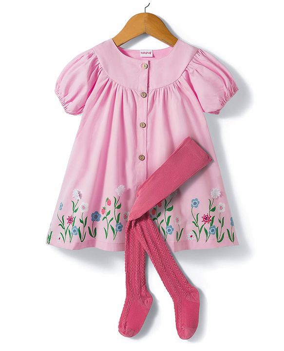 Babyhug Cotton Knit Half Sleeves Frock With Floral Print & Legging - Pink