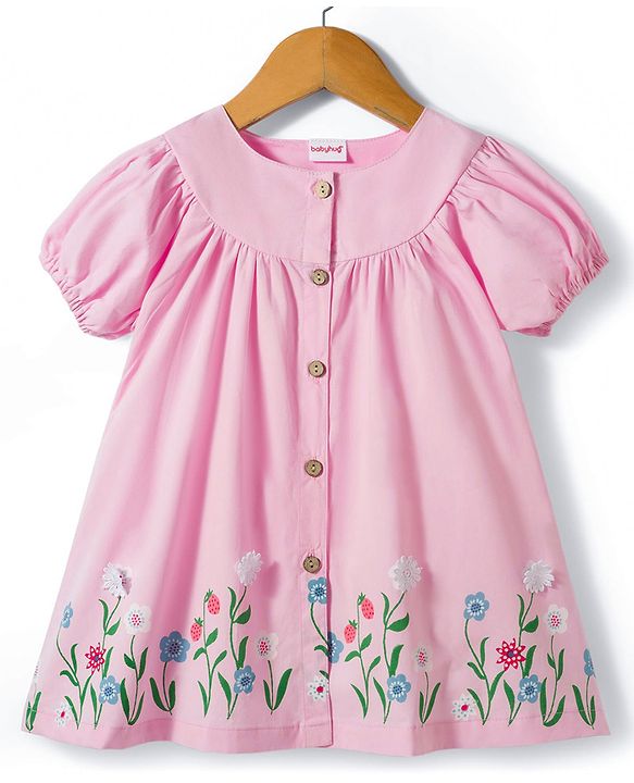 Babyhug Cotton Knit Half Sleeves Frock With Floral Print & Legging - Pink