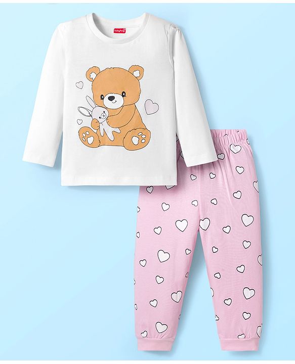 Babyhug Cotton Knit Full Sleeves Night Suit With Animal  Print - Pink & white