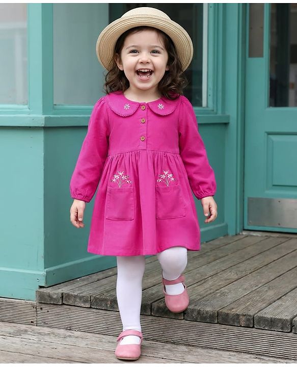 Babyhug Cotton Kit Full Sleeves Frock with Leggings & Floral Embroidery - Violet