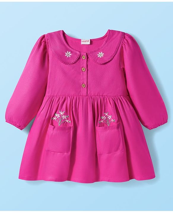 Babyhug Cotton Kit Full Sleeves Frock with Leggings & Floral Embroidery - Violet