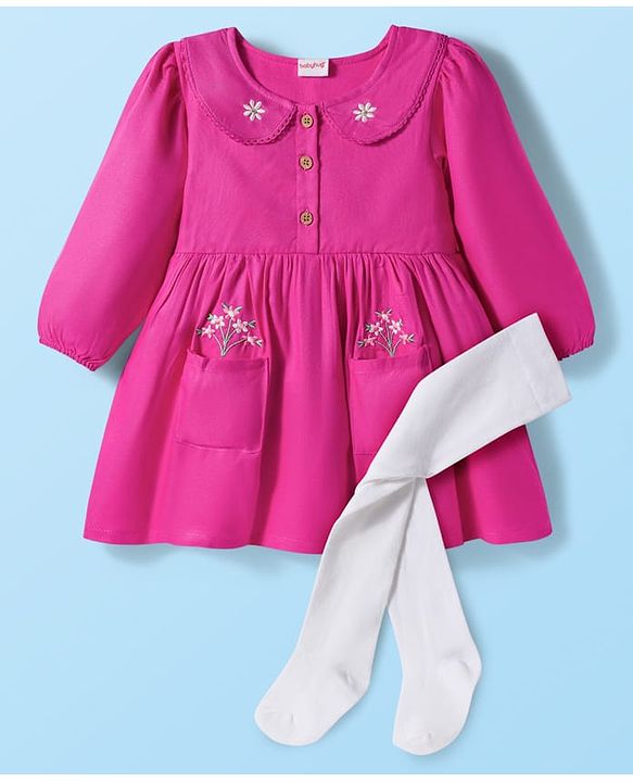 Babyhug Cotton Kit Full Sleeves Frock with Leggings & Floral Embroidery - Violet
