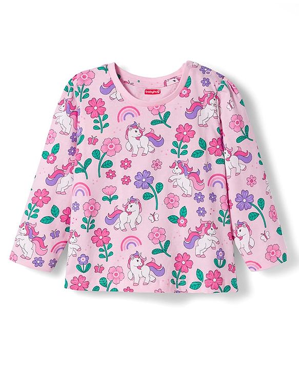 Babyhug Cotton Knit Full Sleeves Co-ords Night Suit With Unicorn Print - Light Pink