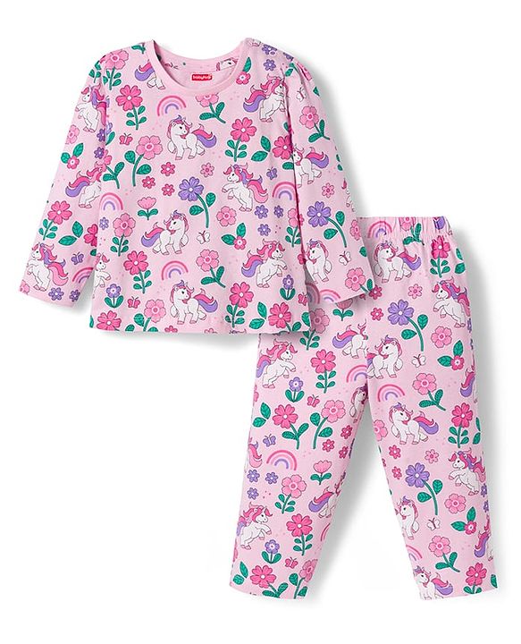 Babyhug Cotton Knit Full Sleeves Co-ords Night Suit With Unicorn Print - Light Pink