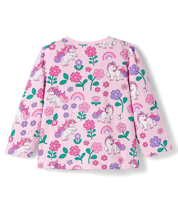 Babyhug Cotton Knit Full Sleeves Co-ords Night Suit With Unicorn Print - Light Pink