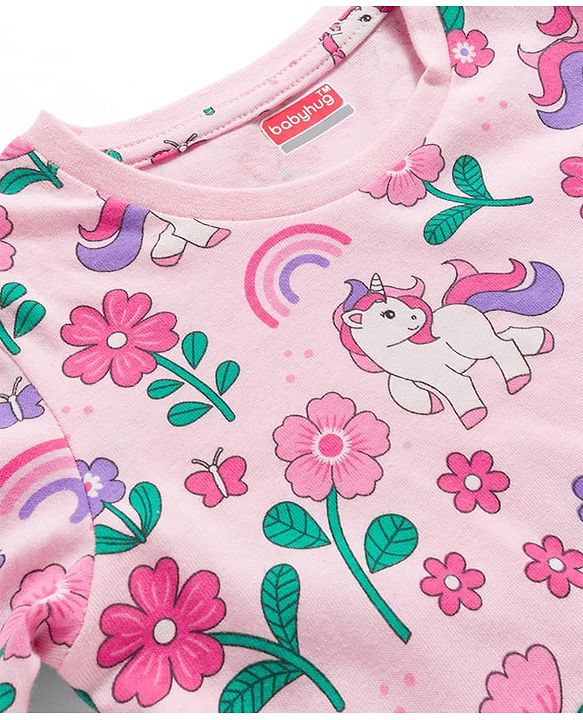 Babyhug Cotton Knit Full Sleeves Co-ords Night Suit With Unicorn Print - Light Pink