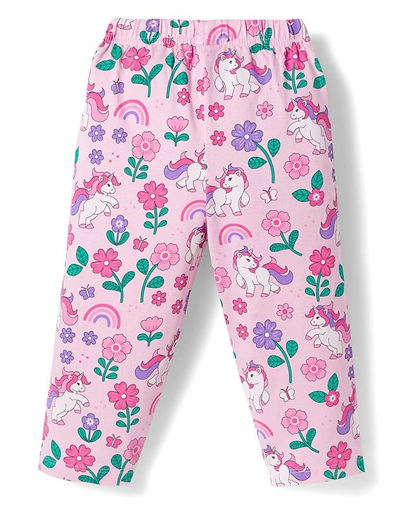 Babyhug Cotton Knit Full Sleeves Co-ords Night Suit With Unicorn Print - Light Pink