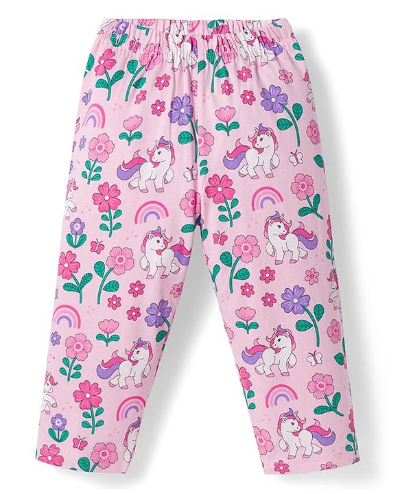 Babyhug Cotton Knit Full Sleeves Co-ords Night Suit With Unicorn Print - Light Pink