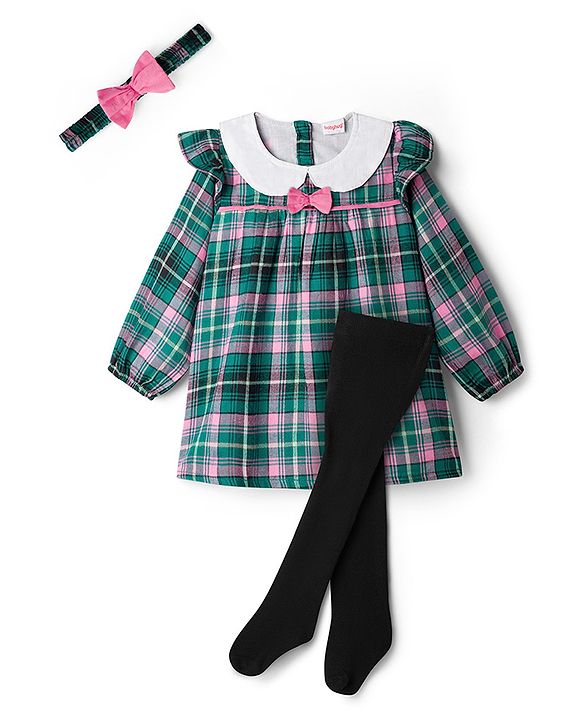 Babyhug Cotton Woven Full Sleeves Checks Frock With Leggings With Headband - Green