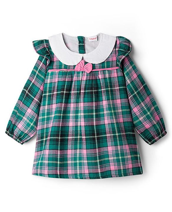 Babyhug Cotton Woven Full Sleeves Checks Frock With Leggings With Headband - Green
