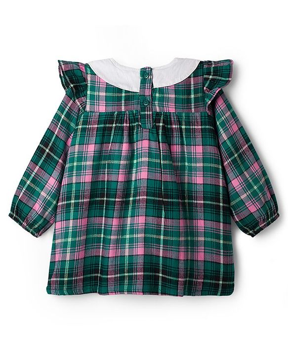 Babyhug Cotton Woven Full Sleeves Checks Frock With Leggings With Headband - Green