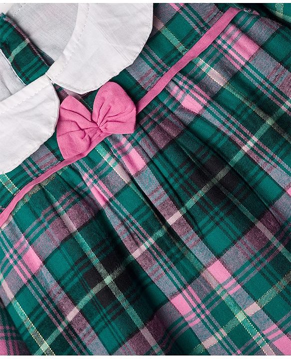 Babyhug Cotton Woven Full Sleeves Checks Frock With Leggings With Headband - Green