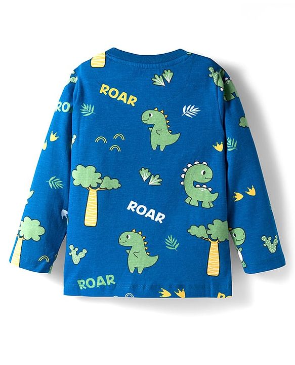 Babyhug Cotton Knit Full Sleeves Co-ords Night Suit With Dino Print - Light Blue