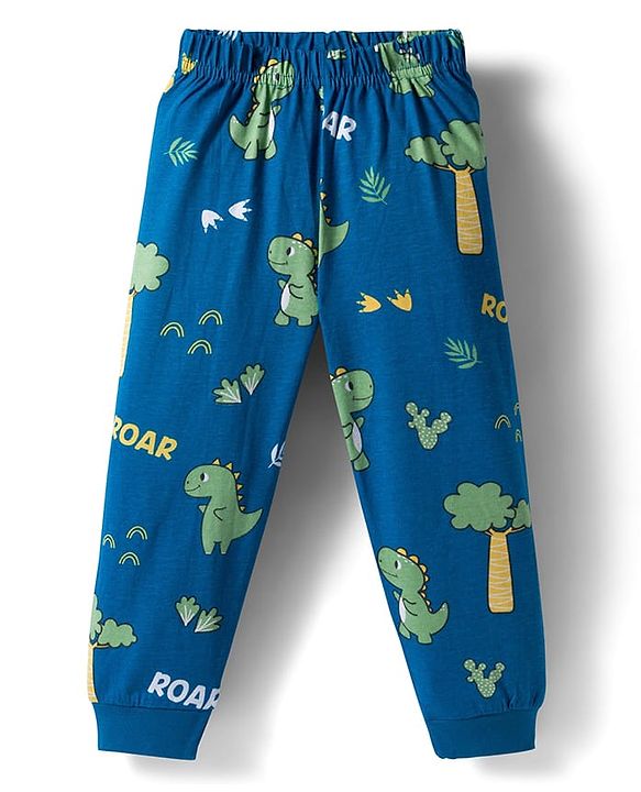 Babyhug Cotton Knit Full Sleeves Co-ords Night Suit With Dino Print - Light Blue