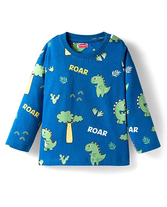 Babyhug Cotton Knit Full Sleeves Co-ords Night Suit With Dino Print - Light Blue