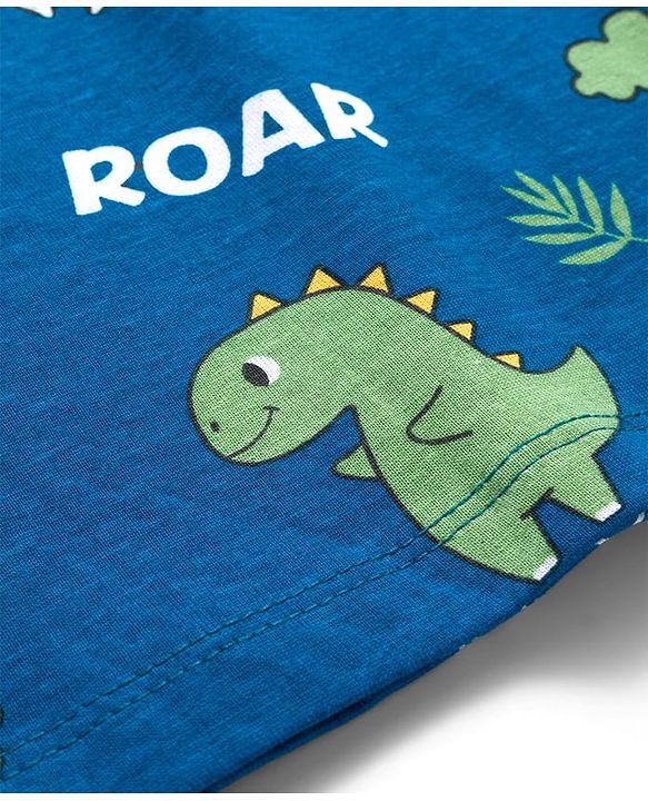 Babyhug Cotton Knit Full Sleeves Co-ords Night Suit With Dino Print - Light Blue