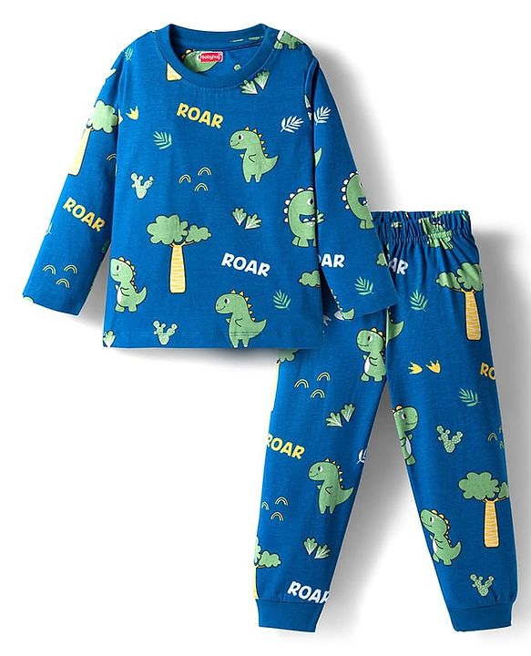 Babyhug Cotton Knit Full Sleeves Co-ords Night Suit With Dino Print - Light Blue