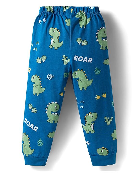 Babyhug Cotton Knit Full Sleeves Co-ords Night Suit With Dino Print - Light Blue