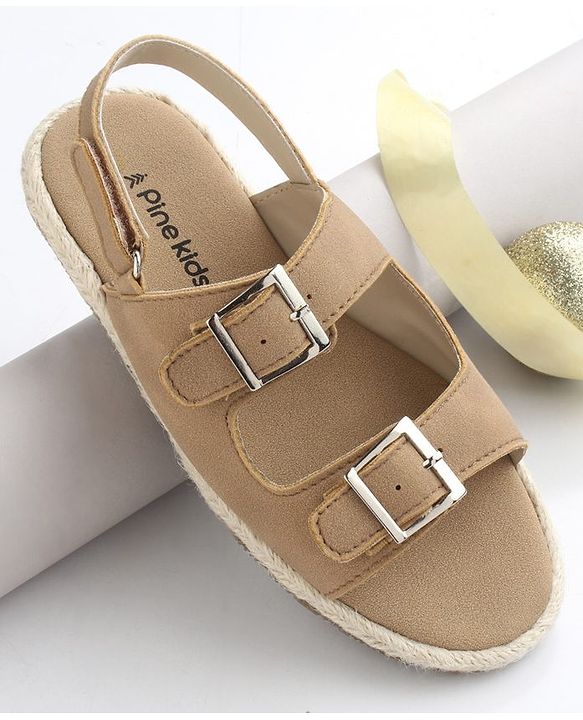 Pine Kids Solid Colour Sandals With Velcro Closure - Tan