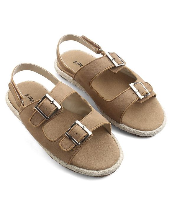 Pine Kids Solid Colour Sandals With Velcro Closure - Tan