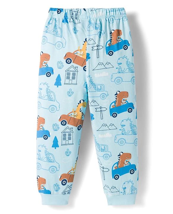 Babyhug Cotton Knit Full Sleeves Co-ords Night Suit With Vehicle Print - Light Blue
