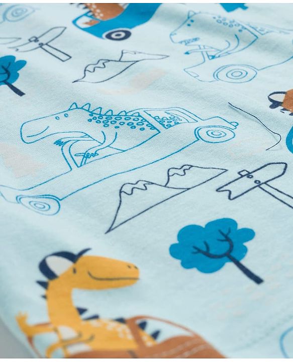 Babyhug Cotton Knit Full Sleeves Co-ords Night Suit With Vehicle Print - Light Blue