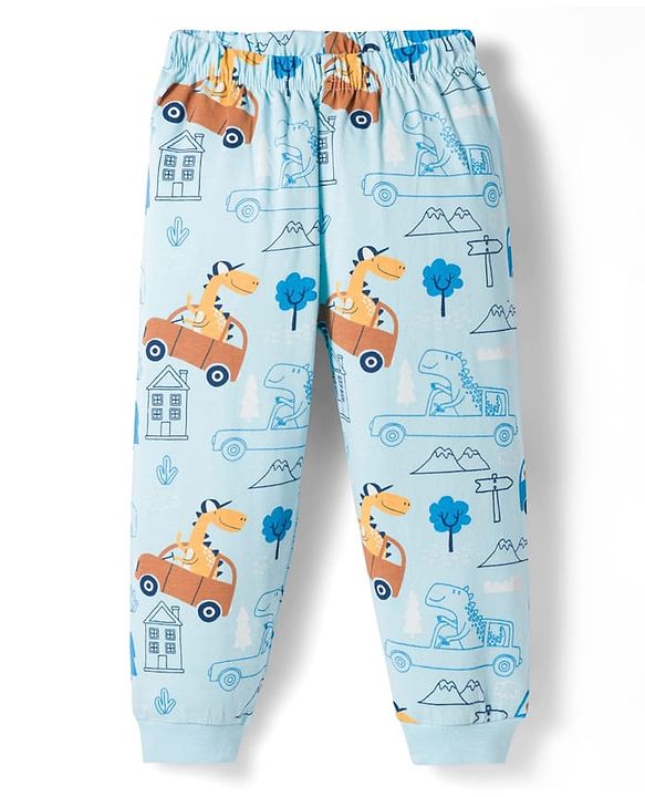 Babyhug Cotton Knit Full Sleeves Co-ords Night Suit With Vehicle Print - Light Blue