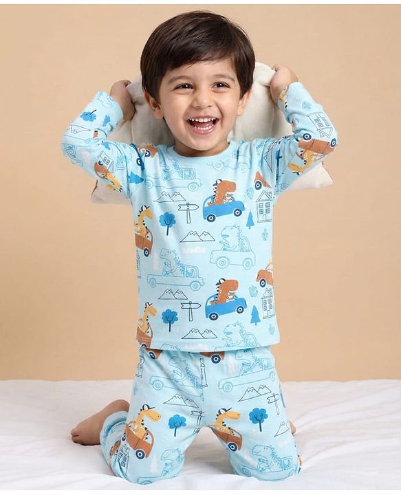Babyhug Cotton Knit Full Sleeves Co-ords Night Suit With Vehicle Print - Light Blue