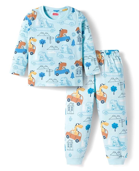 Babyhug Cotton Knit Full Sleeves Co-ords Night Suit With Vehicle Print - Light Blue