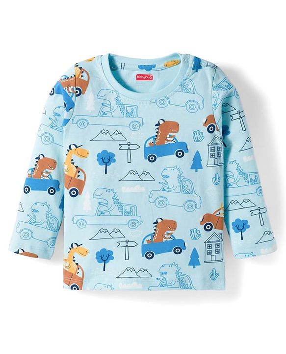 Babyhug Cotton Knit Full Sleeves Co-ords Night Suit With Vehicle Print - Light Blue