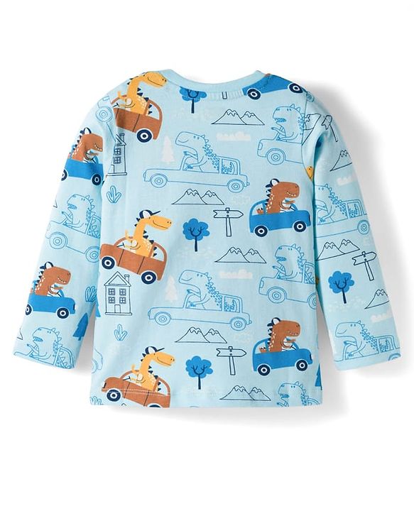Babyhug Cotton Knit Full Sleeves Co-ords Night Suit With Vehicle Print - Light Blue