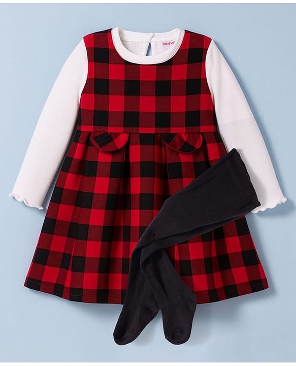 Babyhug Cotton Knit Full Sleeves Checks Printed Frock With Inner Tee & Leggings - Maroon & White