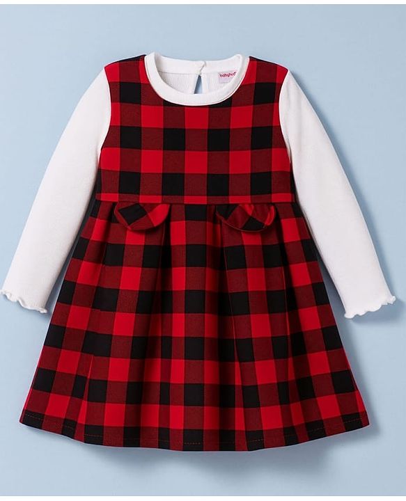 Babyhug Cotton Knit Full Sleeves Checks Printed Frock With Inner Tee & Leggings - Maroon & White